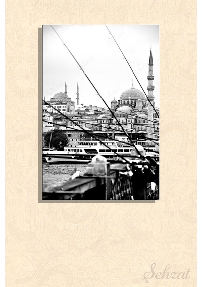 Dikey Kanvas Duvar Tablosu Tekli Salon Ofis Siyah Beyaz Galata Köprüsü Haliç Balıkçı Çok Renkli