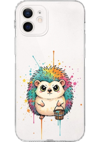 Apple Uyumlu iPhone 12 Mini İle  Splash Kirpi Tasarımlı Kamera Korumalı Şeffaf Silikon Kılıf 051f