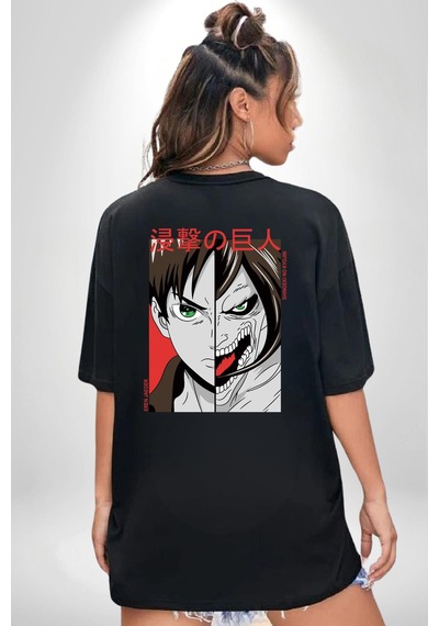 Anime Titan Saldırısı Siyah Oversize Unisex Ön Ve Sırt Baskılı Tişört Siyah