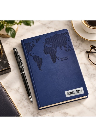 Bk Gift Kişiye Özel 378 Termo Deri Tarihli Ajanda & Siyah Touch Pen Tükenmez Kalem-17 Lacivert