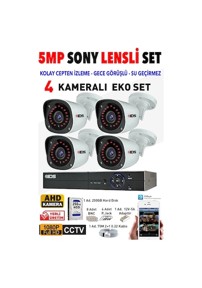 4 Kameralı Fullhd Gece Görüşlü Güvenlik Kamerası Seti - Kamera Seti - Cepten İzle - 250gb