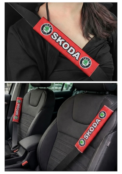 Skoda Araç Uyumlu Dijital Baskılı Kırmızı Emniyet Kemeri Kılıfı