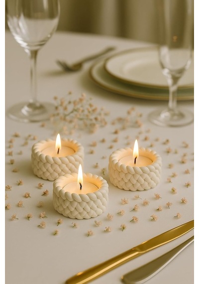Tr Örgü Desenli 3'lü El Yapımı Mumluk Seti Tealight Uyumlu Modern & Doğal Dekoratif Aksesuar + Tealight Mum He Diğer