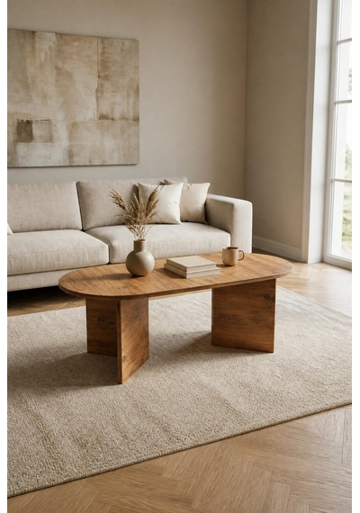 Modern Oval Orta Sehpa Minimal Ahşap Salon Sehpası Şık Tasarım Atlantik Çam