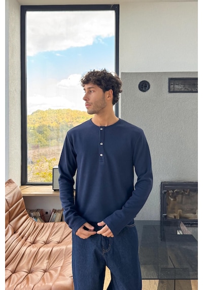 Çıt Çıtlı Oversize Uzun Kol Tişört Lacivert Lacivert