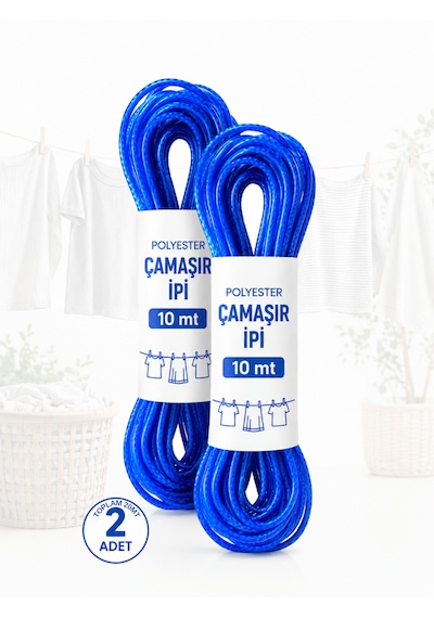 Beylini 2 Adet 10 Mt Polyester Çamaşır İpi Pvc Kaplama Sarkma Yapmaz Balkon Çamaşır Askılığı Çok Amaçlı Kurutma Mavi