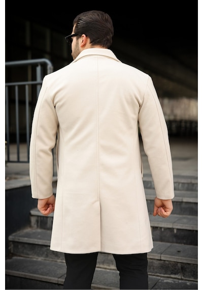 Slim Fit Astarlı Uzun Kaşe Kaban Krem