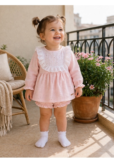 Babyhola Kız Bebek Çocuk Yazlık Elbise Müslin Önlüklü Şortlu Takım 22410 Somon