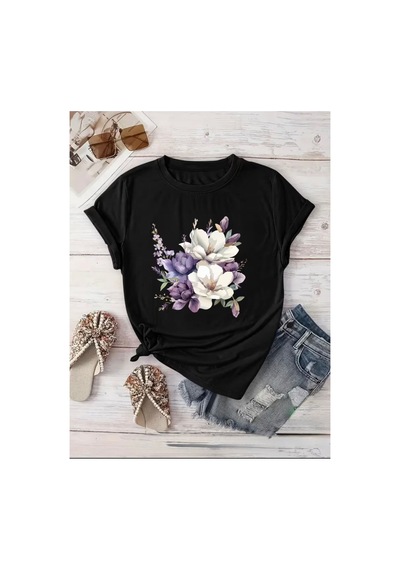 Herkesemoda Çiçek Baskı Detaylı Basic T-shirt Siyah