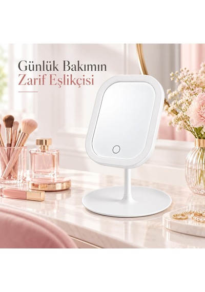 Led Işıklı Masaüstü Ayna, Dokunmatik Kontrol, Tepsili Taban, Kozmetik Model, Makyaj Aynası Beyaz, Dikdörtgen Genel