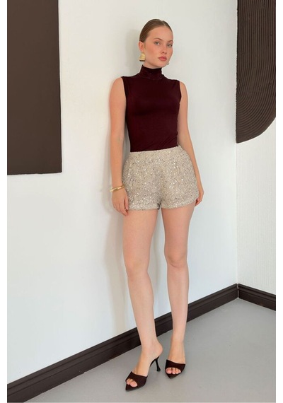 Verymoda Pullu File Şort D3133 Taş