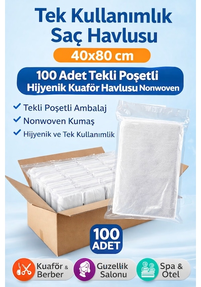 Tek Kullanımlık Saç Havlusu 40x80 Cm 100 Adet Tekli Poşetli Hijyenik Kuaför Havlusu Nonwoven Beyaz