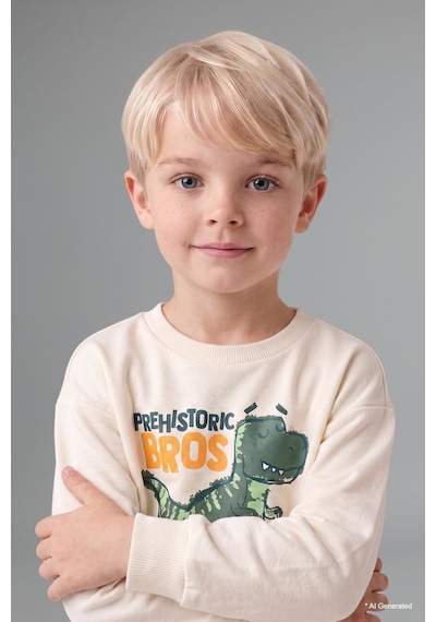 Defacto Dinozor Baskılı Sweatshirt Üst Lastikli Paça Alt 2li Takım Erkek Bebek H8482a526auer118 Ekru-er118