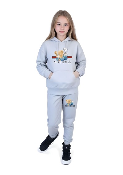 Fyk Kids Kız Çocuk Kanguru Cepli Ayıcık Baskı Detaylı Eşofman Takımı Gri