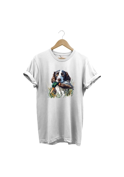 Avcılık Av Köpeği Ve Ördek Baskılı %100 Pamuk Regular Fit Bisiklet Yaka Premium Beyaz T-shirt Beyaz