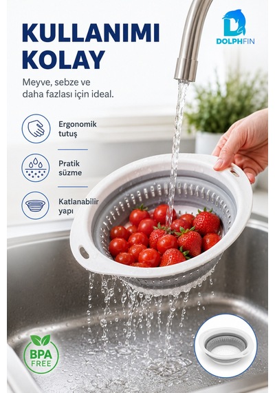 Katlanır Oval Süzgeç Mutfak Pratik Kullanım Gereci Beyaz - Gri