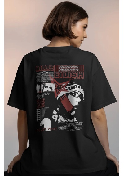 Sevbano Billie Eilish Lunch Şarkıcı Baskılı Unisex Oversize Premium Tişör Siyah