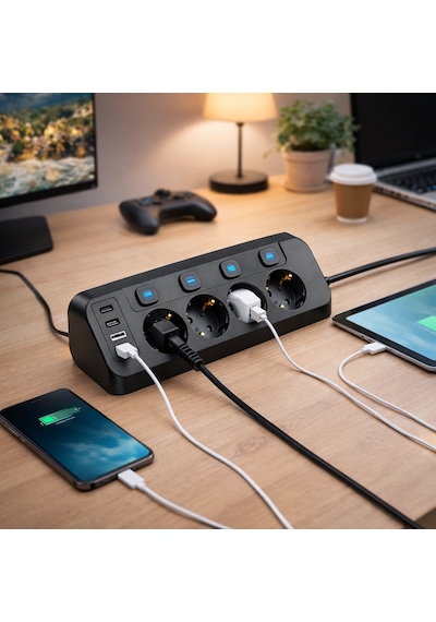 Akım Korumalı 4 Lü Priz 3680w 2 Usb-a + 2 Type-c Bireysel Anahtarlı Aşırı Yük & Isı Korumalı Çoklu Priz 2 M