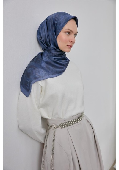 Silk Home Polyester Karışımlı Shiny Eşarp İndigo Etnik Desenli Parlak Dokulu 90x90 Çok Renkli