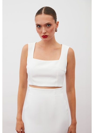 Sateen Kare Yaka Crop Bluz - Ekru-134914 Ekru