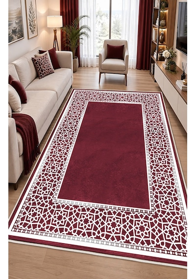 Bordo Krem Dijital Baskı Halı Kaymaz Tabanlı Yıkanabilir Halı Yolluk Salon Halısı2158