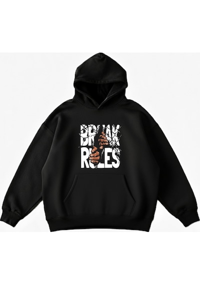 Maki Home Makiteks Siyah Pamuklu Unisex Kanguru Cepli Kapüşonlu Rahat Kesim Break Rules Baskılı Sweatshirt SiYAH
