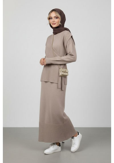 Defymoda Kadın Açık Kahve Modest Triko Tunik Elbise Takım Kahverengi