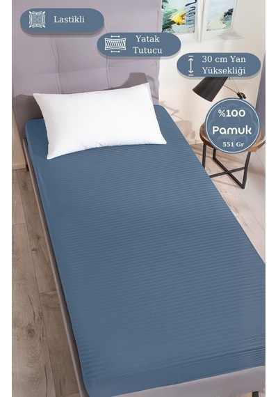 Çarşaf Stripe Saten Düz Lastikli Geniş Ölçü Lacivert