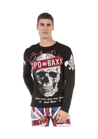Cipo & Baxx CL454 Taşlı Kurukafa İnce Siyah Sweatshirt Siyah