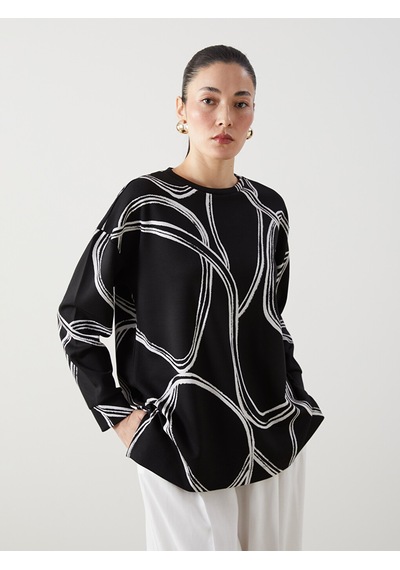 Lcw Everyday Siyah Bisiklet Yaka Desenli Oversize Kadın Sweatshirt
