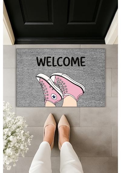 Rugmood Modern Dijital Baskı - Ayakkabı Welcome - Kapı Önü Paspası Gri