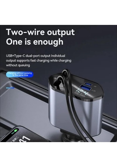 Lexroo Araç Çekilebilir Araç Şarj Cihazı 2 Usb Bağlantı Noktası Desteği 120w Süper Hızlı Şarj Flaş Standart