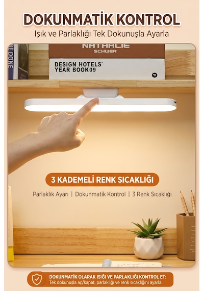Şarjlı Mıknatıslı Ders Çalışma Okuma Lambası Parlaklık Işık Rengi Ayarlanabilir 28 Cm 1613 Beyaz