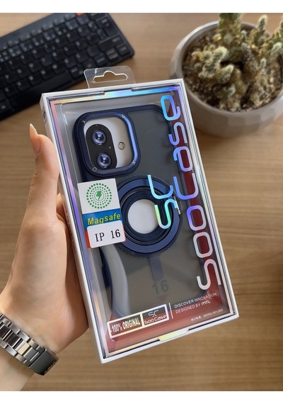 Apple Uyumlu iPhone 16 Standlı Ve Yüzüklü Magsafe Kılıf Soocase721 Lacivert