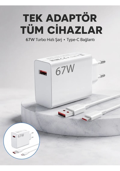 67 Watt Güvenli Hızlı Şarj Adaptörü Samsung M31 M33 M51 Uyumlu Yeni Nesil Beyaz
