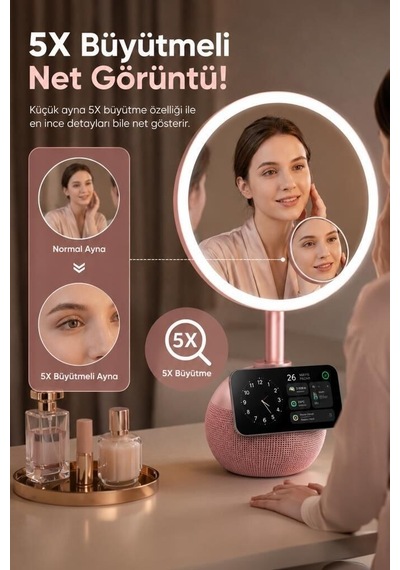 Bluetooth Hoparlör Led Işıklı Makyaj Aynalı Trm04 Rose Gold Doğum Günü Fonksiyonel Dekoratif