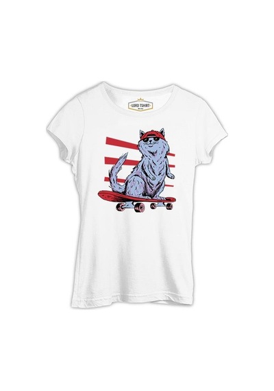 Cat Riding A Skateboard Beyaz Kadın Tshirt 001