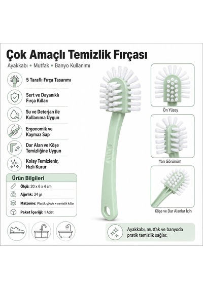 Çok Amaçlı 5 Taraflı Temizlik Fırçası Ayakkabı, Mutfak Ve Banyo İçin Sert Kıllı Ergonomik Temizlik Fırçası, 20 Cm