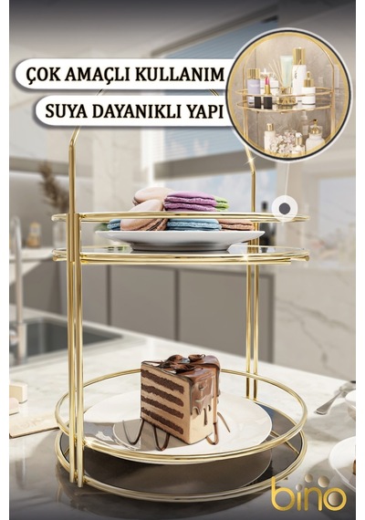 Bino Servis Sunum İkramlık Gold Büyük Lüks 2 Katlı 40cm Organizer Mutfak Düzenleyici Pasta Standı