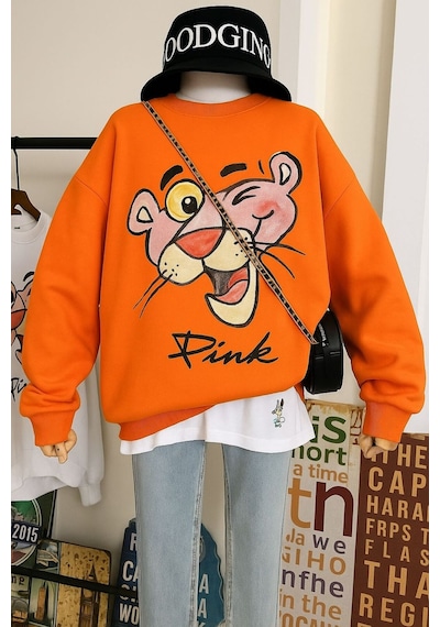 Benroma 3 İplik Penye Pink Baskılı Unisex Sweatshırt Turuncu