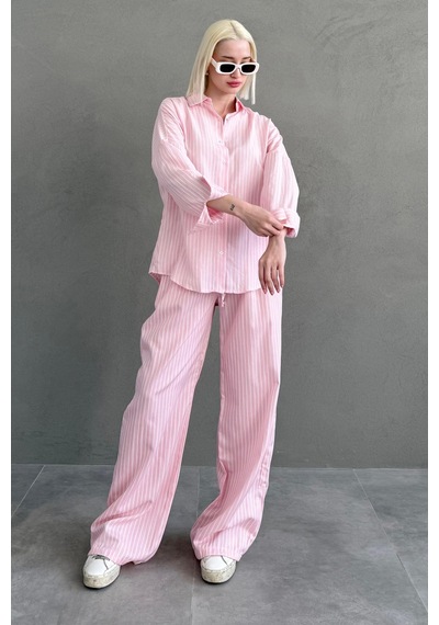 Madmext Pembe Çizgili Gömlek Pantolon Kadın Takım Mg2457 Pembe