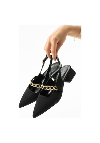 Duxal Shoes Violet Kısa Topuk Zincir Detaylı Klasik Topuklu Ayakkabı - Babet Siyah Kumaş