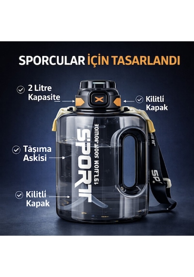 Polham 2 Litre Sporcu Su Matarası Pipetli Açılır Kapak,taşıma Askılı,sızdırmaz Tasarım, Bpa İçermez Siyah