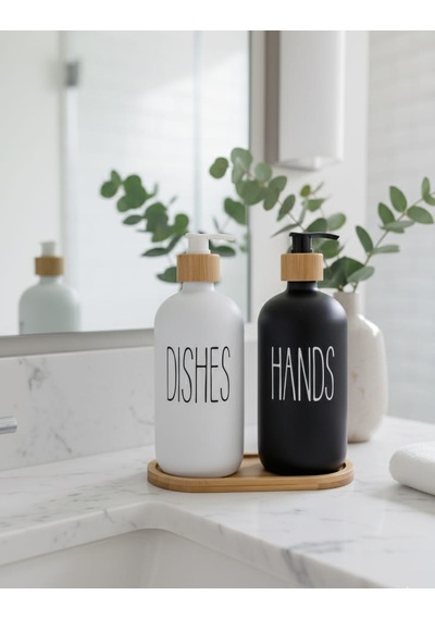 2'li Sıvı Sabun Ve Bulaşık Deterjanı Seti 500 Ml Hacimli Bambu Kapak Ve Ahşap Standlı Beyaz - Siyah