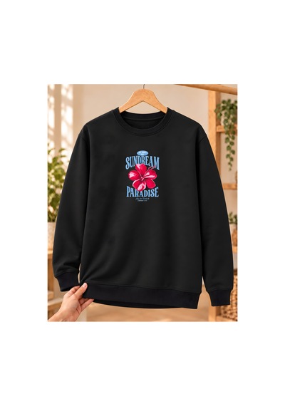 Mor Mürekkep Kadın %100 Pamuk 3 İplik Şardonlu Sundream Paradise Hibiskus Baskılı Bisiklet Yaka Sweatshirt Siyah