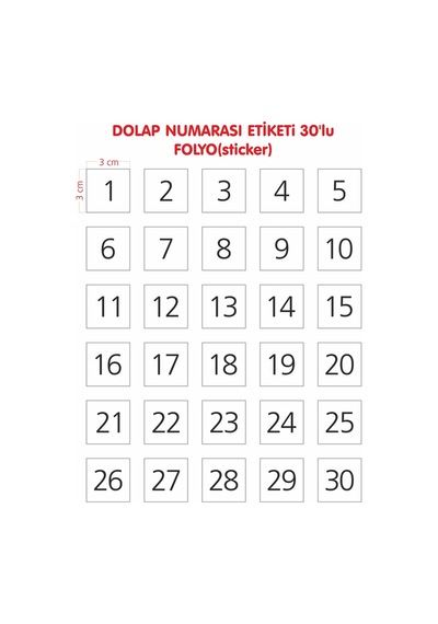 Dolap Ve Kapı Numarası Etiket Yapışkanlı Sticker 1-30 Arası Diğer