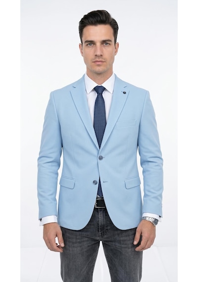 Plus Scorpion Ck 142 Slim Fit Mikro Desenli Erkek Ceket Yazlık Pike Kumaş Çift Yırtmaç Blazer Mavi