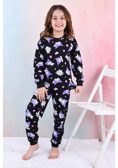 Kuromi Desenli Kız Çocuk Pijama Takımı Pembe 3-8 Yaş Siyah