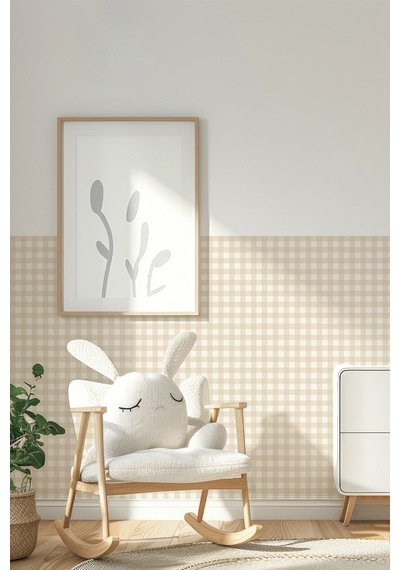 Ekose Desenli Duvar Sticker Yarım Kaplama Duvar Kağıdı Görünümlü Sticker 54x109 Cm Ekoseli Bej Dijital Baskı