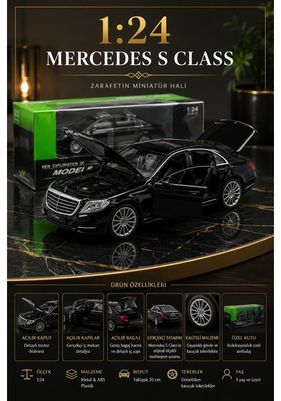 Mercedes-benz S-class 1:24 Siyah Diecast Metal Model Araba Kapıları Açılabilir Çok Renkli